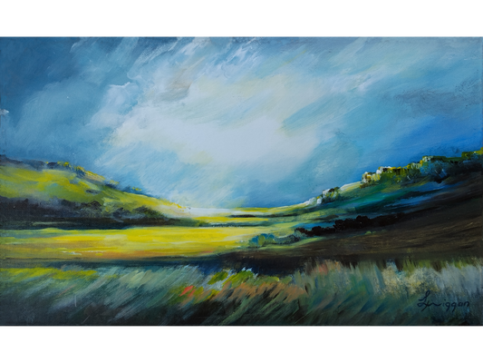 Acrylic painting of a dramatic green and yellow valley under a stormy blue sky, with a bright burst of white and yellow sunlight illuminating the center fields.