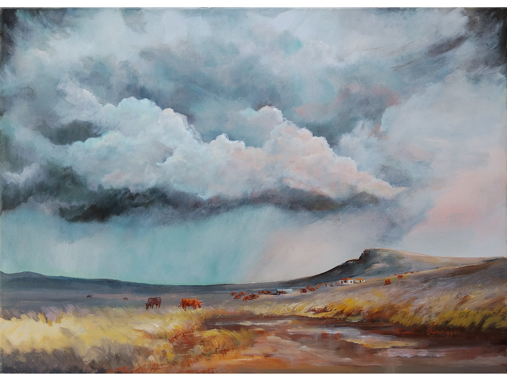 Large acrylic painting of a South African farm landscape with a muddy road and cattle under an immense, dramatic grey and white storm cloudscape.