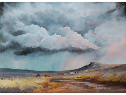 Large acrylic painting of a South African farm landscape with a muddy road and cattle under an immense, dramatic grey and white storm cloudscape.