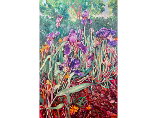 Original oil painting 'Iris Garden' by Karin Hopkinson, 90 cm x 60 cm. Tall purple irises and orange flowers in a lush, green garden setting.