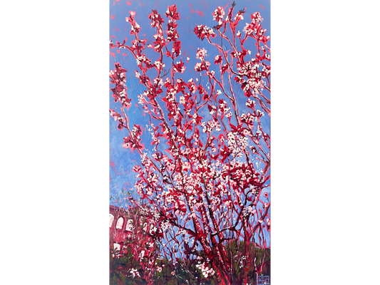 Original oil painting 'Jordan's Cherry Tree' by Karin Hopkinson, 70 cm x 40 cm. Vibrant pink and red blossoms on dark branches against a bright blue sky.