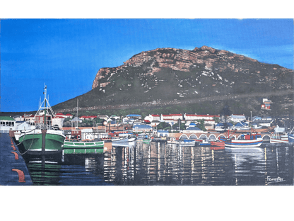 Oil on canvas, 48 cm (Height) x 87 cm (Width), showing Kalk Bay Harbour in the early evening. Colourful fishing boats and town buildings reflect in the dark water, backed by a large, steep mountain under a deep blue sky.