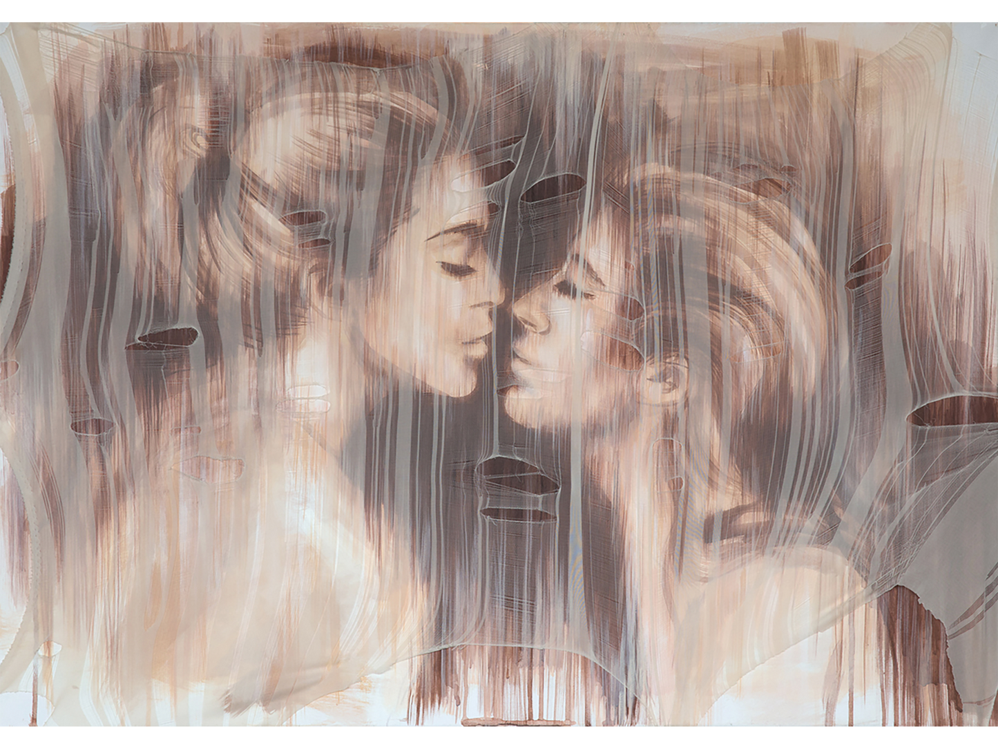 Horizontal mixed-media painting of two women's faces in profile facing each other, seen through a sheer, torn fabric layer with vertical lines.