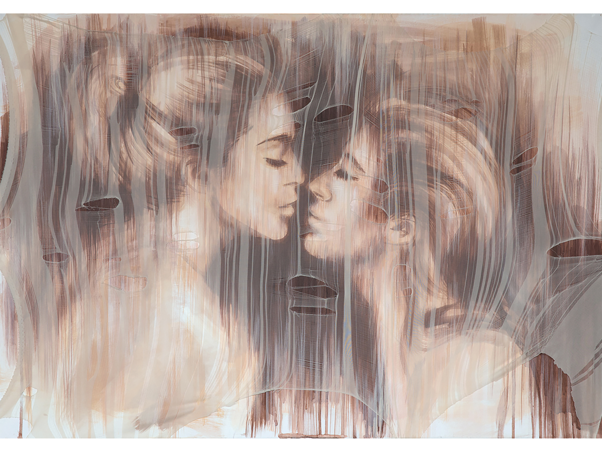 Horizontal mixed-media painting of two women's faces in profile facing each other, seen through a sheer, torn fabric layer with vertical lines.