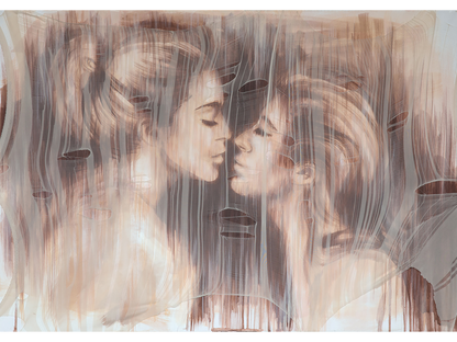 Horizontal mixed-media painting of two women's faces in profile facing each other, seen through a sheer, torn fabric layer with vertical lines.