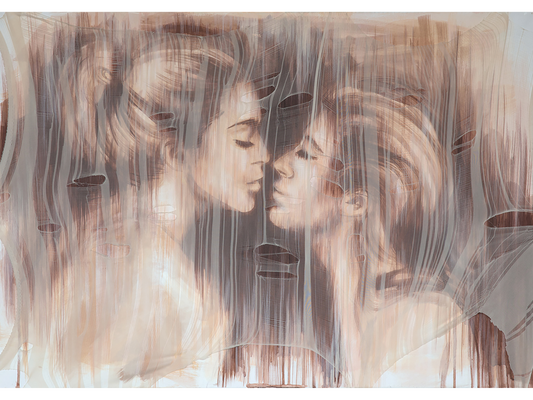 Horizontal mixed-media painting of two women's faces in profile facing each other, seen through a sheer, torn fabric layer with vertical lines.