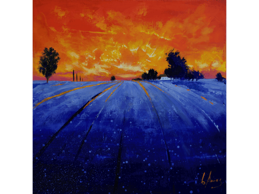 Original oil painting 'Last Light' by Charles Amos, 50 cm x 50 cm. Dramatic sunset scene over farm fields with a fiery orange and red sky contrasting sharply with deep blue landscape and sparse trees.