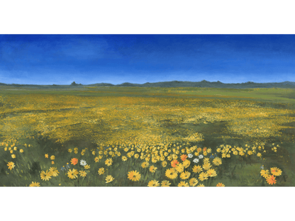 Original oil painting 'Nature's Tapestry' by A. Pilling, 80 cm x 160 cm. Wide landscape of dense yellow and orange wildflowers under a clear blue sky, with dark green hills in the distance.