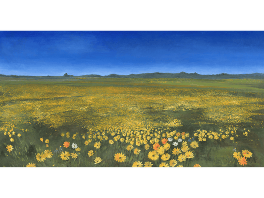 Original oil painting 'Nature's Tapestry' by A. Pilling, 80 cm x 160 cm. Wide landscape of dense yellow and orange wildflowers under a clear blue sky, with dark green hills in the distance.