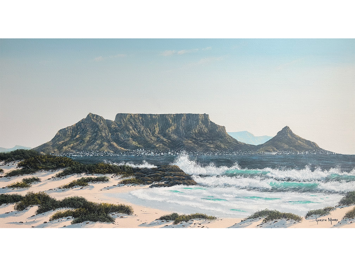 Panoramic acrylic painting of Table Mountain, Lion's Head, and crashing surf viewed from the sand dunes of Bloubergstrand by Gareth Munro.