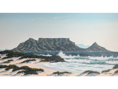 Panoramic acrylic painting of Table Mountain, Lion's Head, and crashing surf viewed from the sand dunes of Bloubergstrand by Gareth Munro.