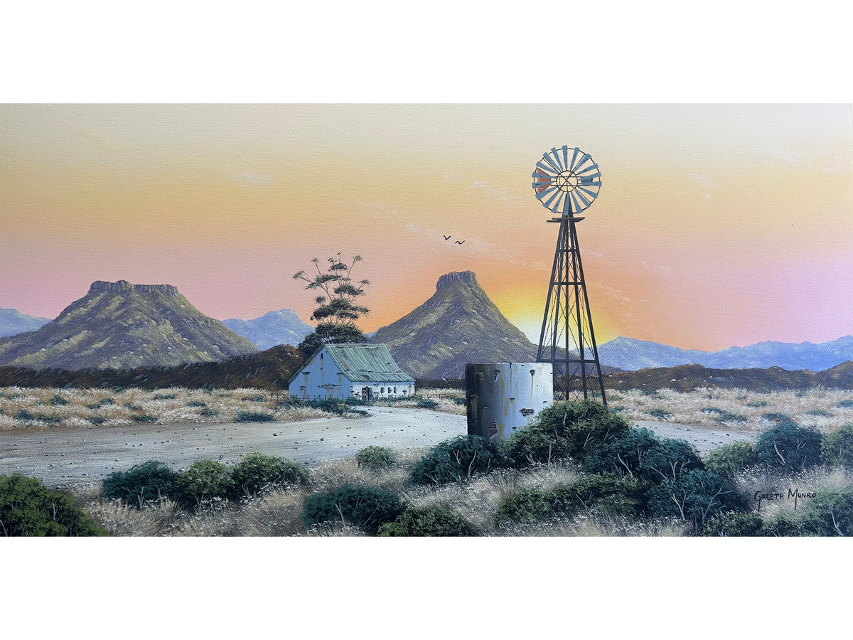 Landscape acrylic painting of a Karoo farm scene with a windpump, cement dam, and cottage under a warm sunset sky by Gareth Munro.   