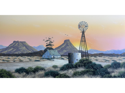 Landscape acrylic painting of a Karoo farm scene with a windpump, cement dam, and cottage under a warm sunset sky by Gareth Munro.   