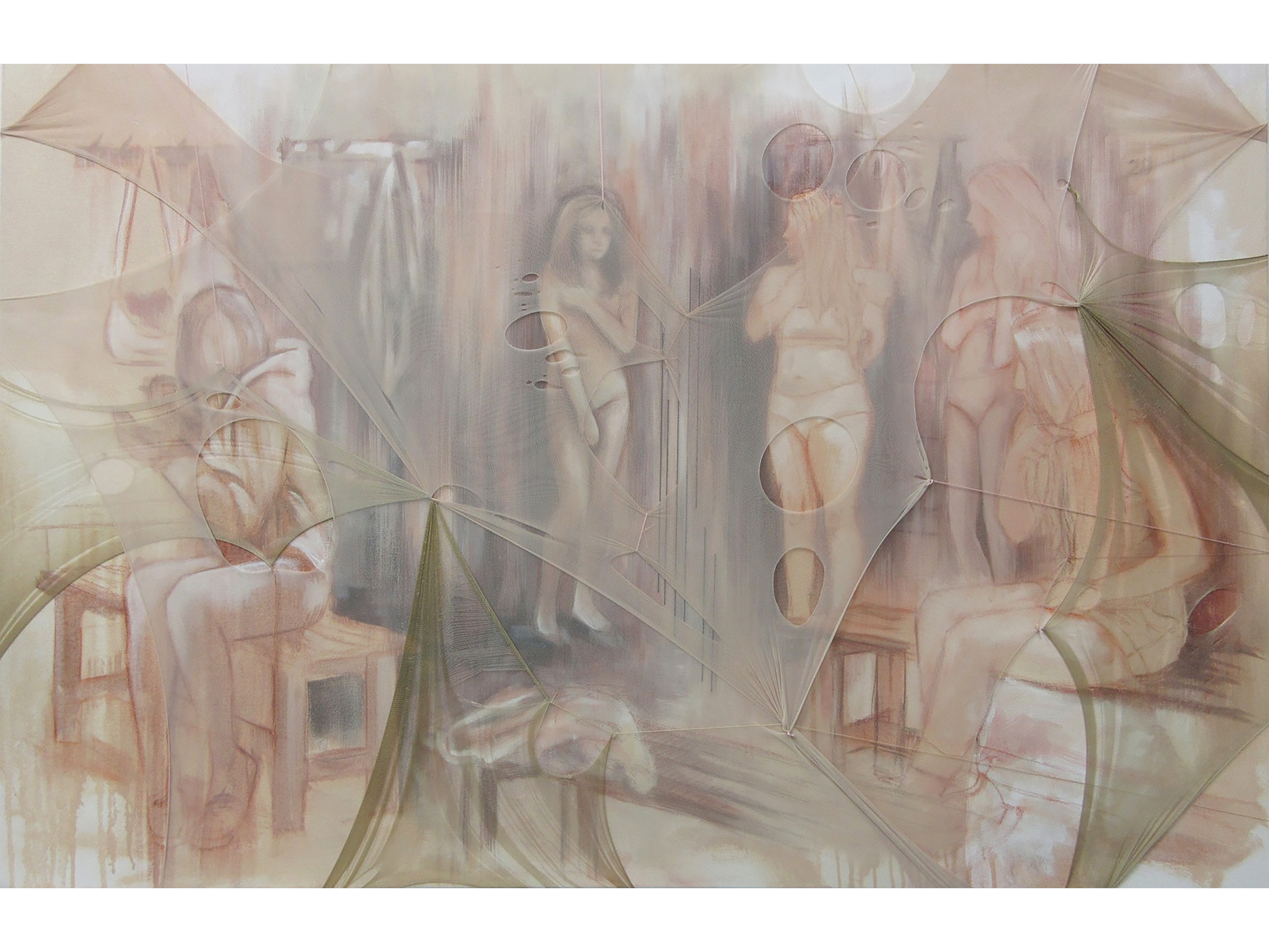 Large horizontal mixed-media painting showing female figures in a locker room, overlaid with a sheer beige fabric that has circular rips and holes.