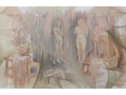 Large horizontal mixed-media painting showing female figures in a locker room, overlaid with a sheer beige fabric that has circular rips and holes.