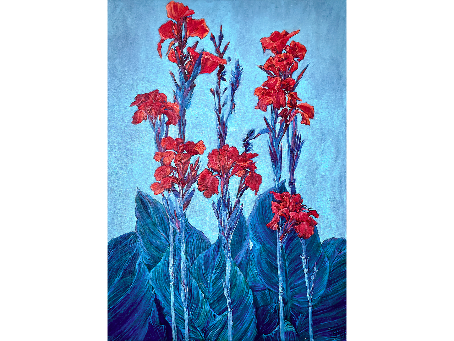 Large vertical oil painting of several bright red Canna lily flowers on tall blue stalks with large dark blue leaves, set against a solid pale blue background.