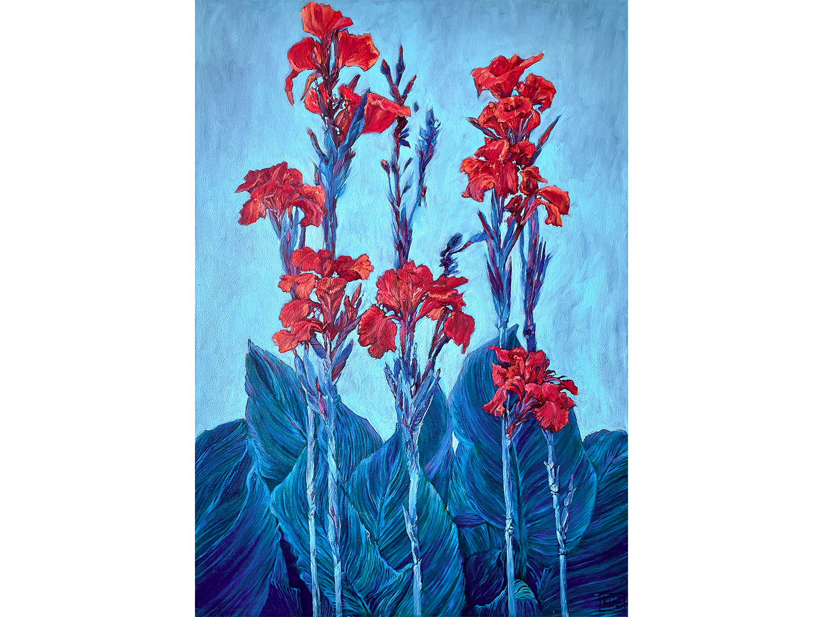 Large vertical oil painting of several bright red Canna lily flowers on tall blue stalks with large dark blue leaves, set against a solid pale blue background.