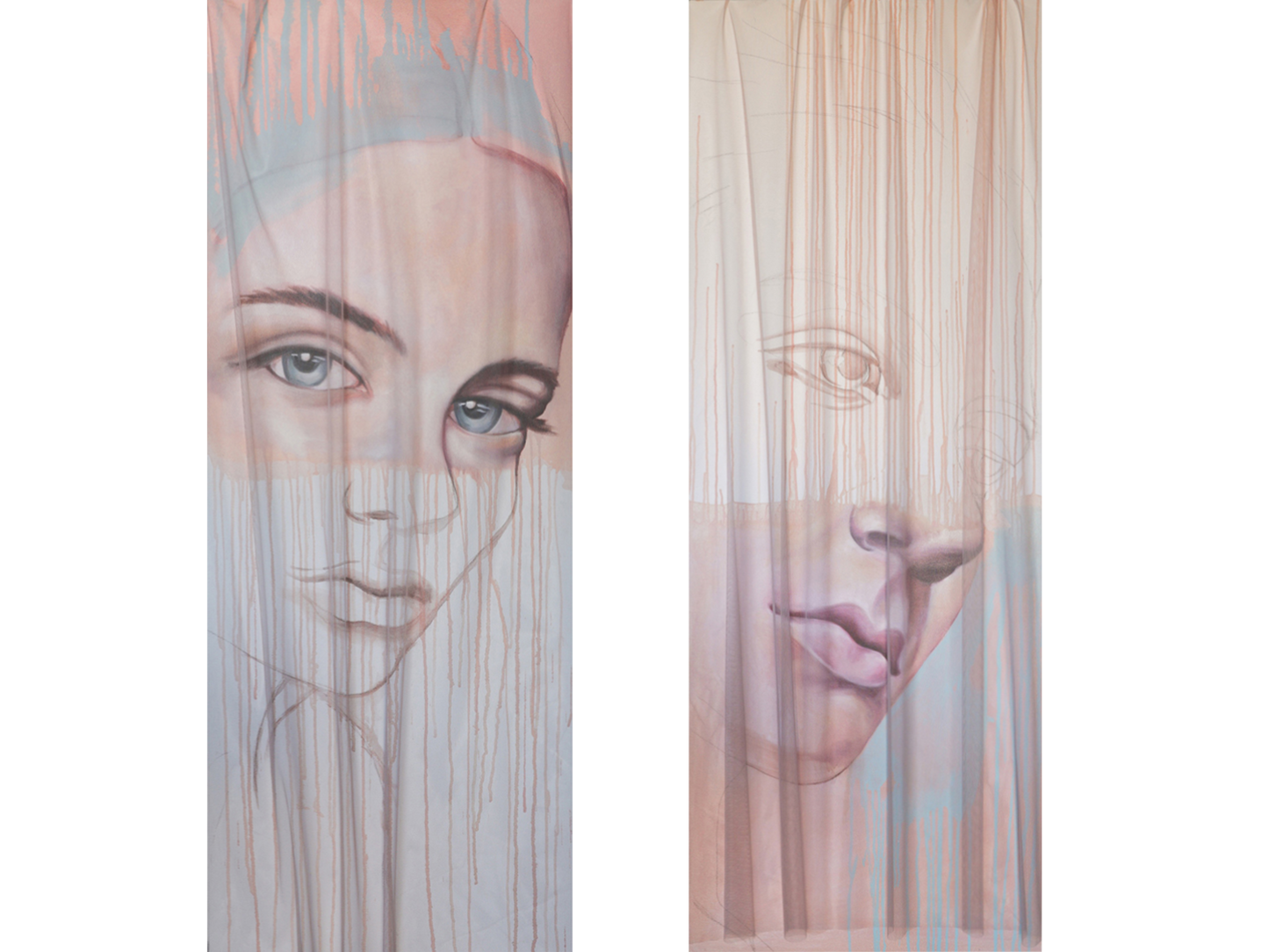 Two vertical paintings side-by-side showing a female and male face through a layer of translucent pink fabric with vertical paint drips.