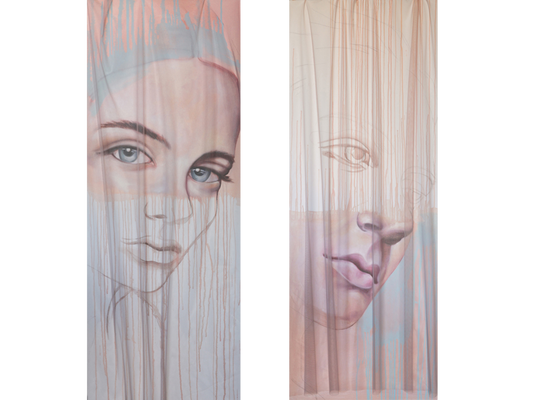 Two vertical paintings side-by-side showing a female and male face through a layer of translucent pink fabric with vertical paint drips.