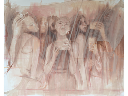 Large horizontal painting of a group of women taking a phone photo, overlaid with a sheer, textured fabric that creates a hazy effect.