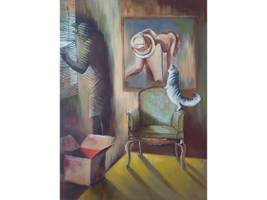 Vertical painting of a silhouette looking through blinds, with a cat jumping on a chair and a framed nude painting on the wall.