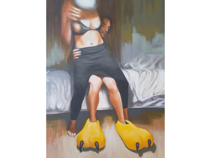 Vertical painting of a woman in black lingerie wearing giant yellow claw slippers, sitting on a man's lap in a bedroom setting.