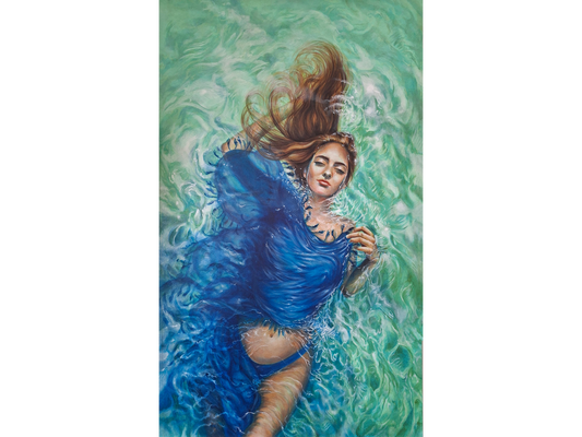 Large vertical mixed media painting of a woman in a blue dress floating in clear green-blue water with flowing hair.