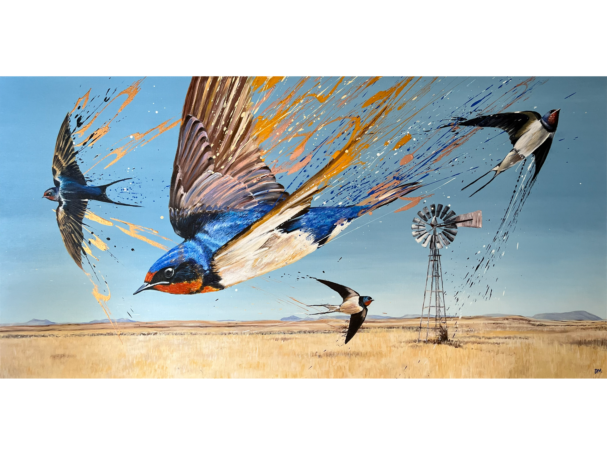 Original acrylic painting 'Barn Swallows' by Darren McKay, 90 cm x 180 cm. A large panoramic scene of birds in flight over a golden field with a windmill.