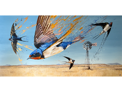 Original acrylic painting 'Barn Swallows' by Darren McKay, 90 cm x 180 cm. A large panoramic scene of birds in flight over a golden field with a windmill.
