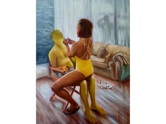 Vertical painting: a woman in a yellow swimsuit cuts the hair of a yellow-skinned man; on the right-hand side, a shadowy silhouette watches from behind a sheer white curtain.