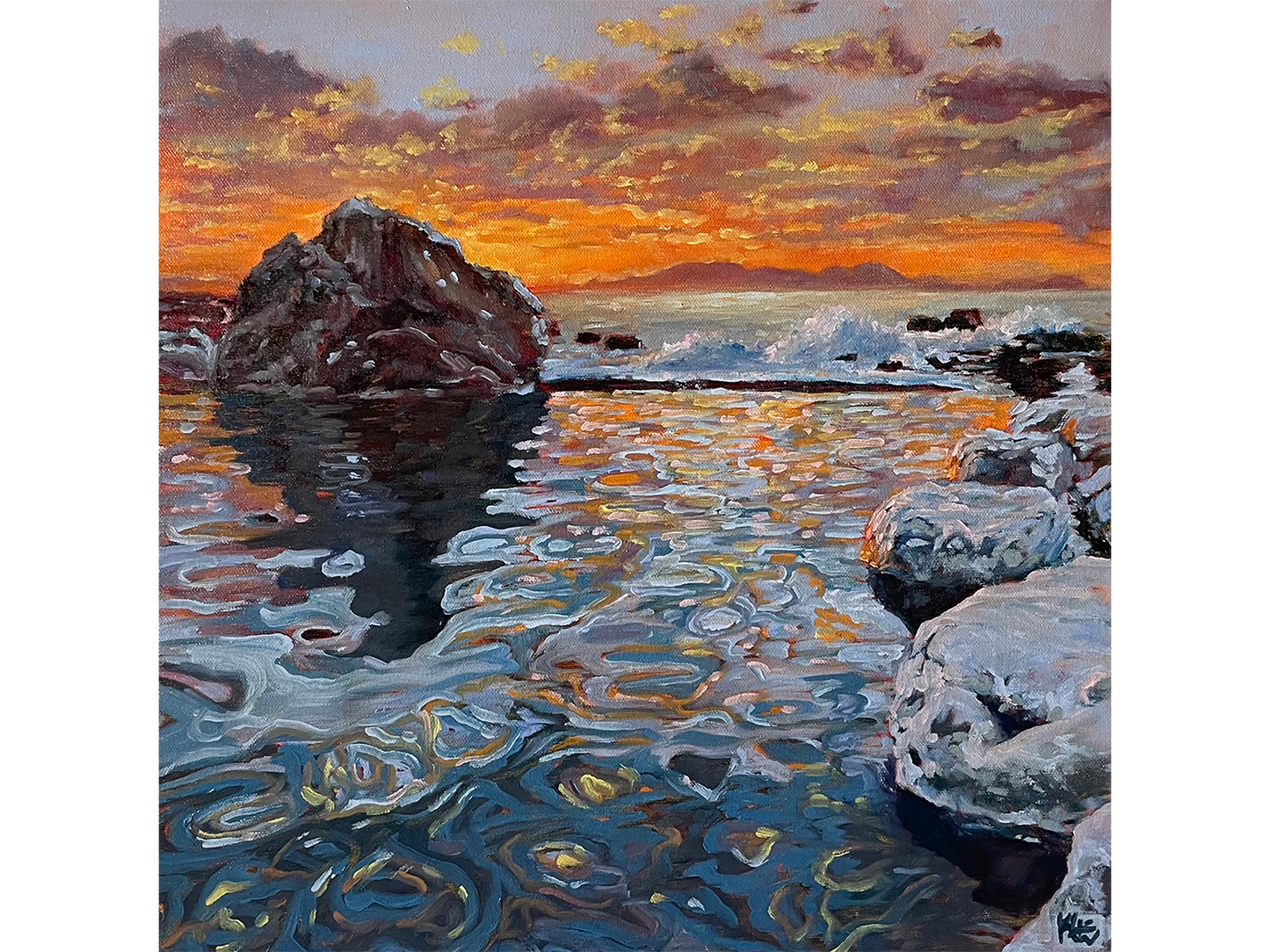 Square oil painting of a vibrant ocean sunset with a fiery orange sky, crashing waves, a large dark rock, and swirling blue and gold water reflections in the foreground.