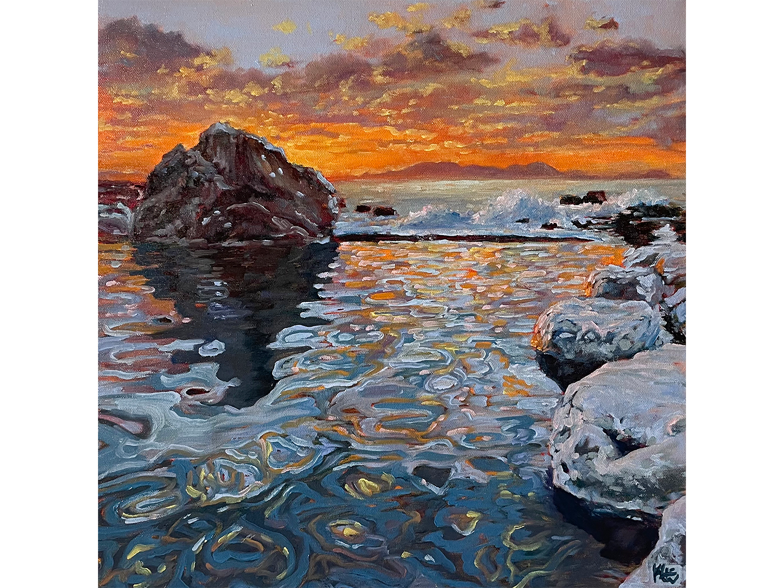 Square oil painting of a vibrant ocean sunset with a fiery orange sky, crashing waves, a large dark rock, and swirling blue and gold water reflections in the foreground.