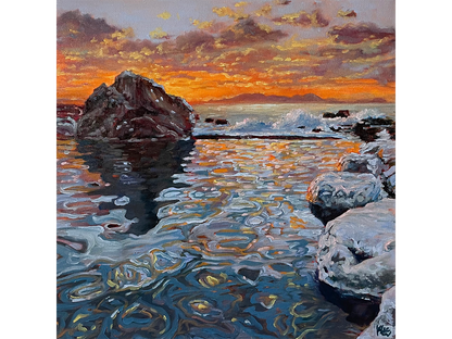 Square oil painting of a vibrant ocean sunset with a fiery orange sky, crashing waves, a large dark rock, and swirling blue and gold water reflections in the foreground.
