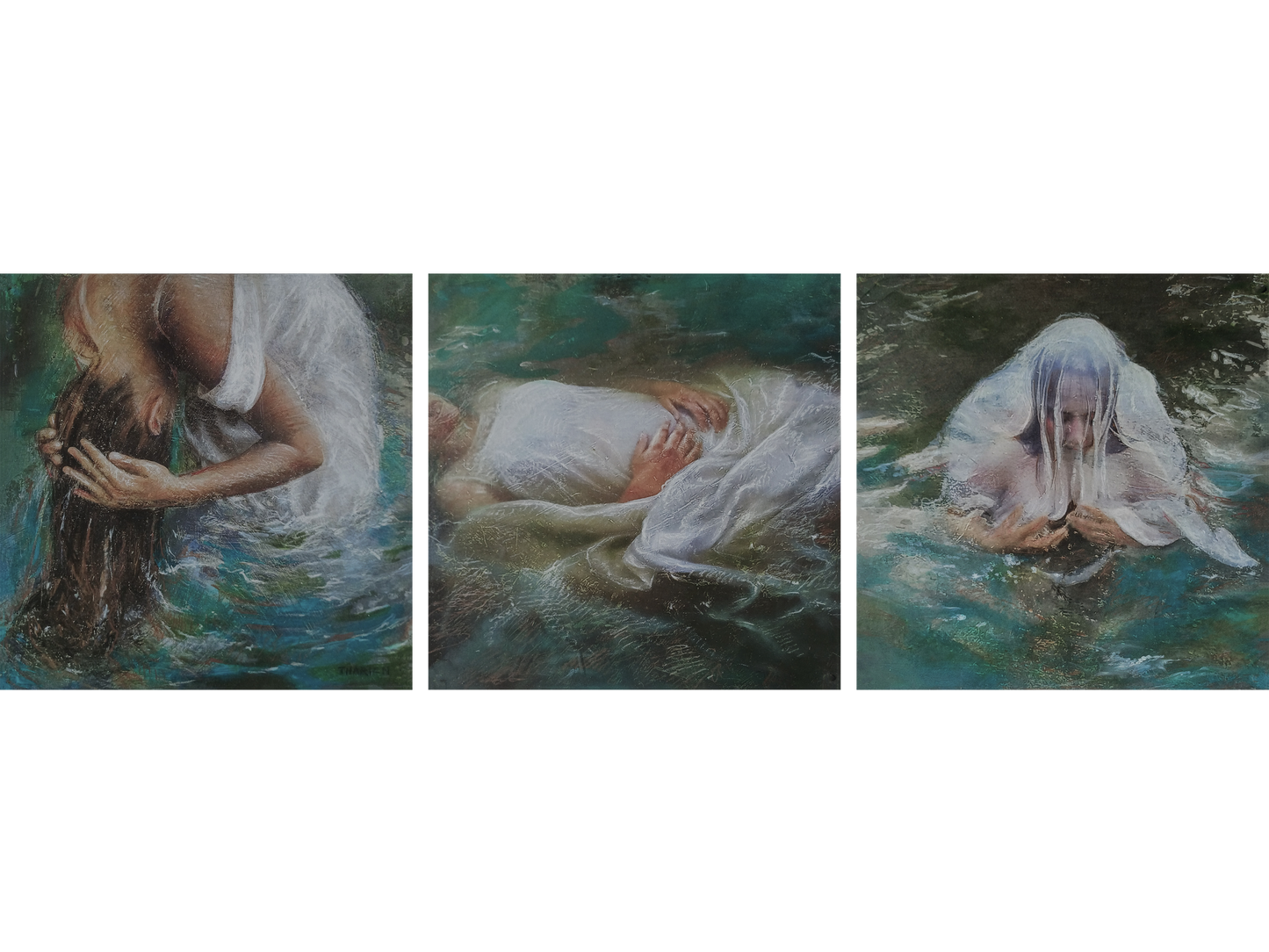 Triptych of three square paintings by Tharien Smith showing women in emerald and teal water, including one floating and one with white fabric over her head.