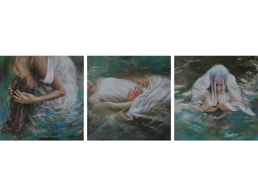 Triptych of three square paintings by Tharien Smith showing women in emerald and teal water, including one floating and one with white fabric over her head.