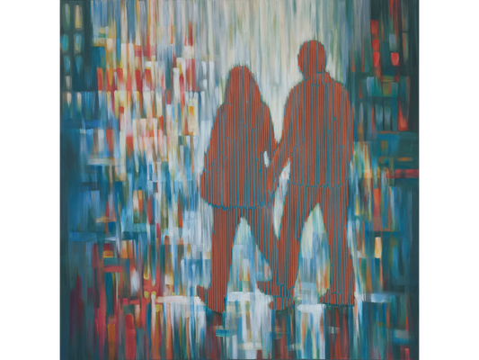 Square painting showing two figures in orange embroidery walking through a blurred blue and teal cityscape with rain-like vertical streaks.