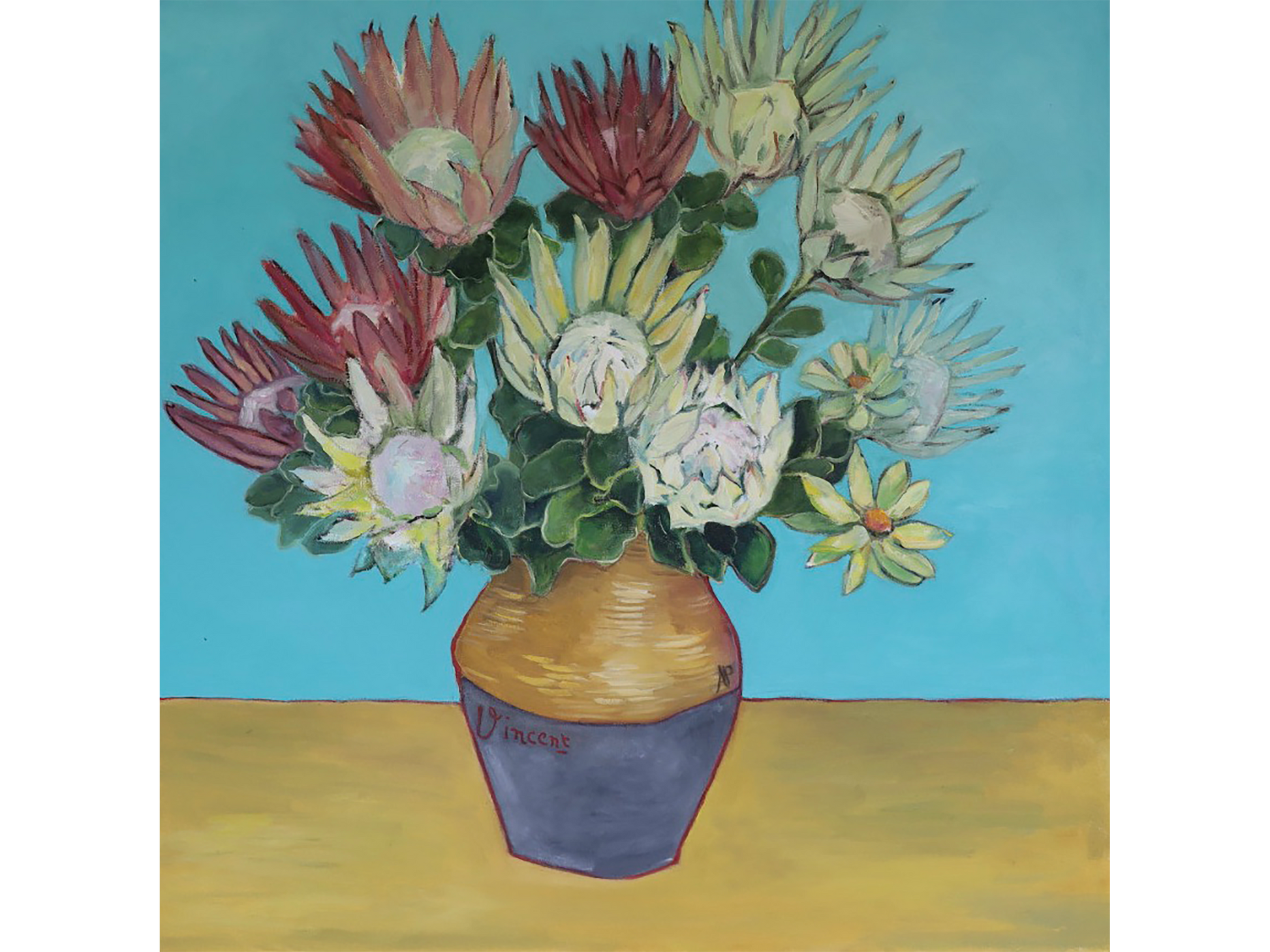 Original oil painting 'Vincent Proteas' by A. Pilling, 100 cm x 100 cm. Stylised bouquet of red, white, and yellow protea flowers in a two-tone vase on a yellow table against a turquoise background.