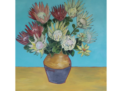 Original oil painting 'Vincent Proteas' by A. Pilling, 100 cm x 100 cm. Stylised bouquet of red, white, and yellow protea flowers in a two-tone vase on a yellow table against a turquoise background.