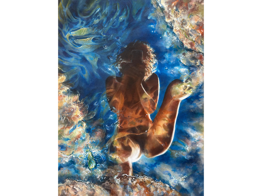 Vertical acrylic painting showing the shimmering reflection of a woman holding a mobile phone in deep blue water with sunlit highlights.