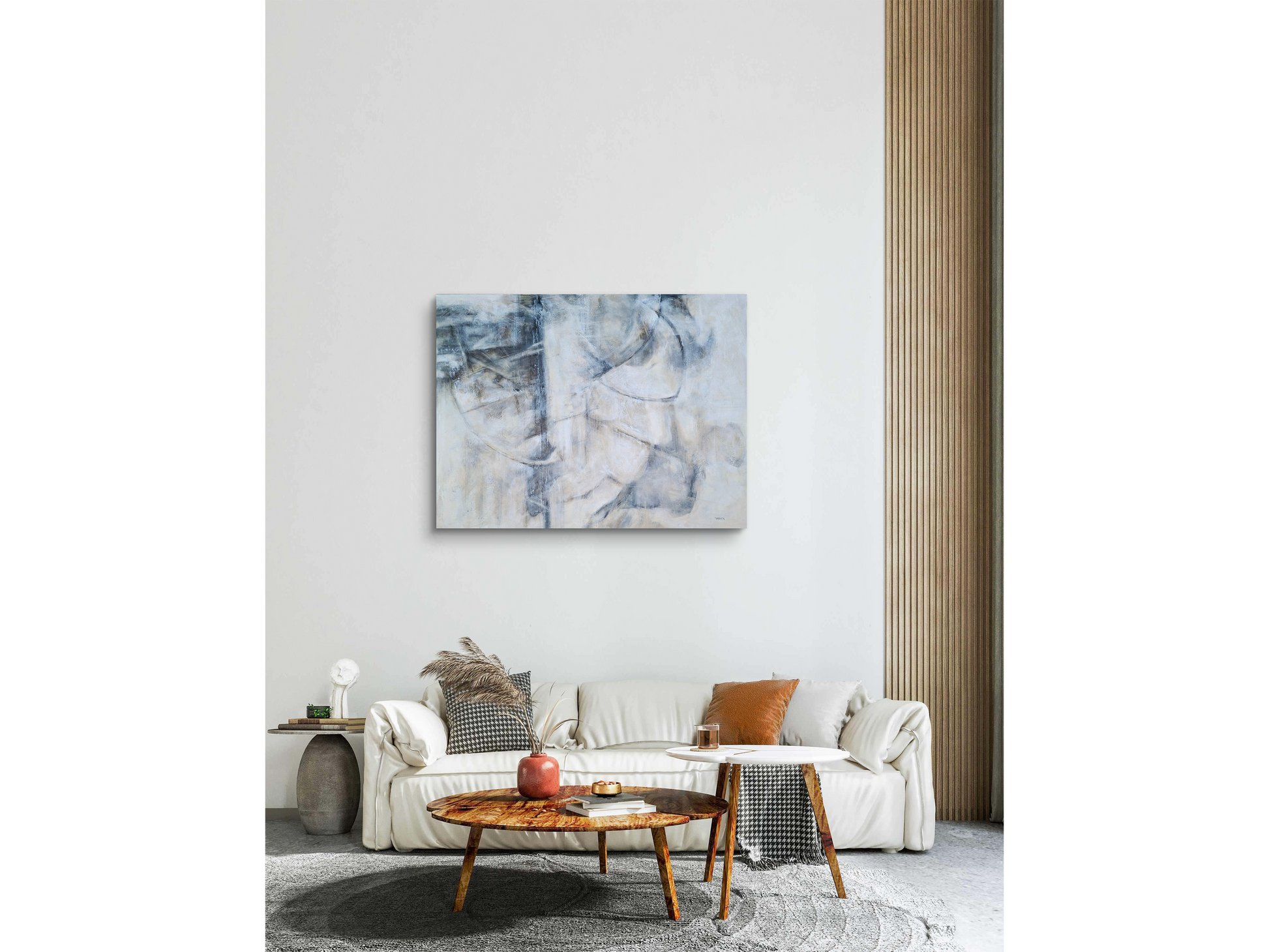 Large horizontal abstract painting with neutral tones, featuring sweeping curved lines and textured layers of white and grey.