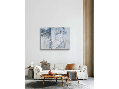 Large horizontal abstract painting with neutral tones, featuring sweeping curved lines and textured layers of white and grey.
