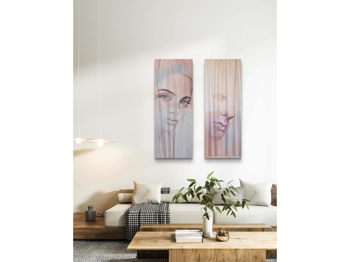 Two vertical paintings side-by-side showing a female and male face through a layer of translucent pink fabric with vertical paint drips.