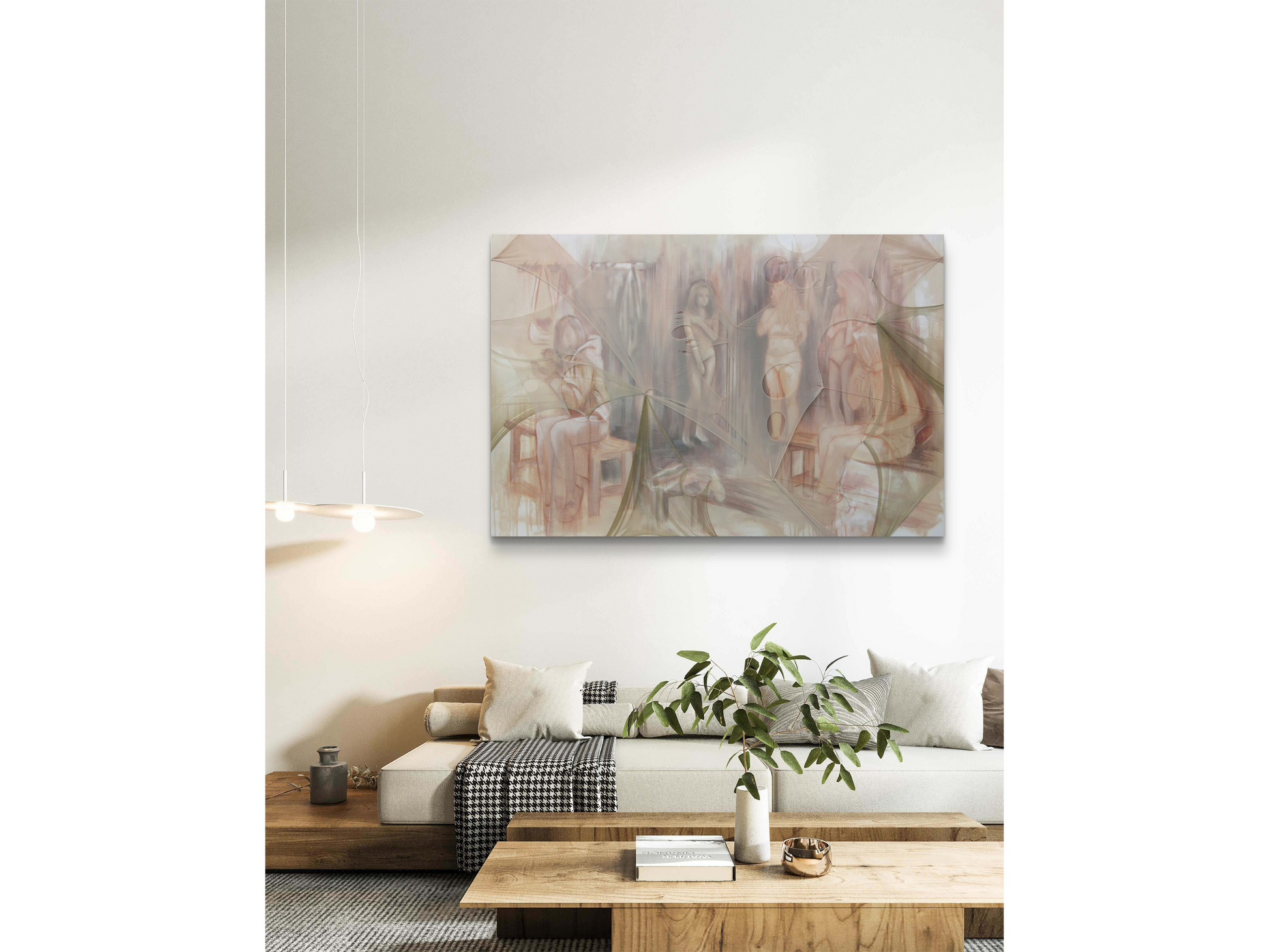 Large horizontal mixed-media painting showing female figures in a locker room, overlaid with a sheer beige fabric that has circular rips and holes.