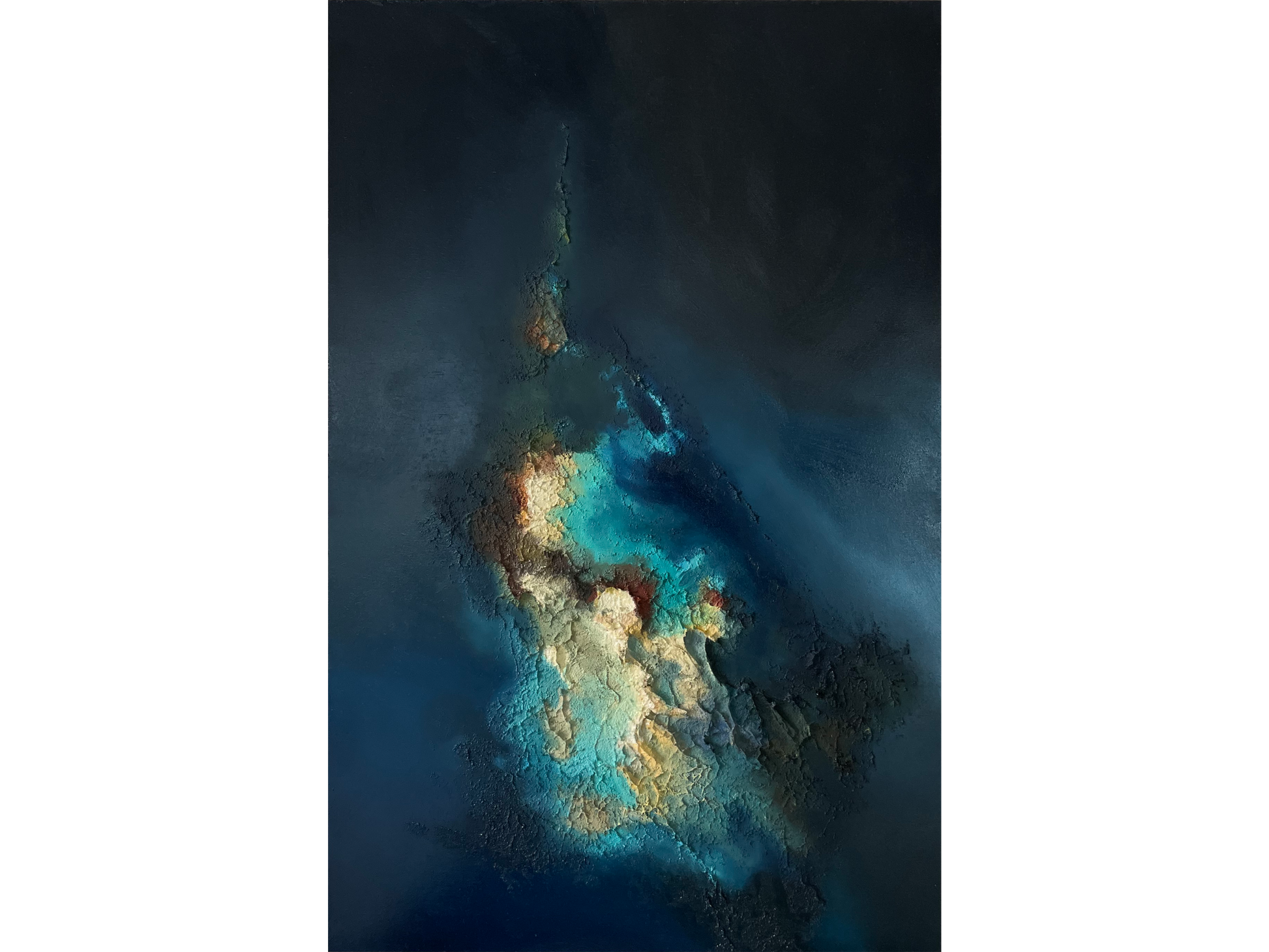 Original mixed media painting 'Just like you used to be' by Kristi Marie, 60 cm x 40 cm. Textured abstract art in dark blue and turquoise on board.