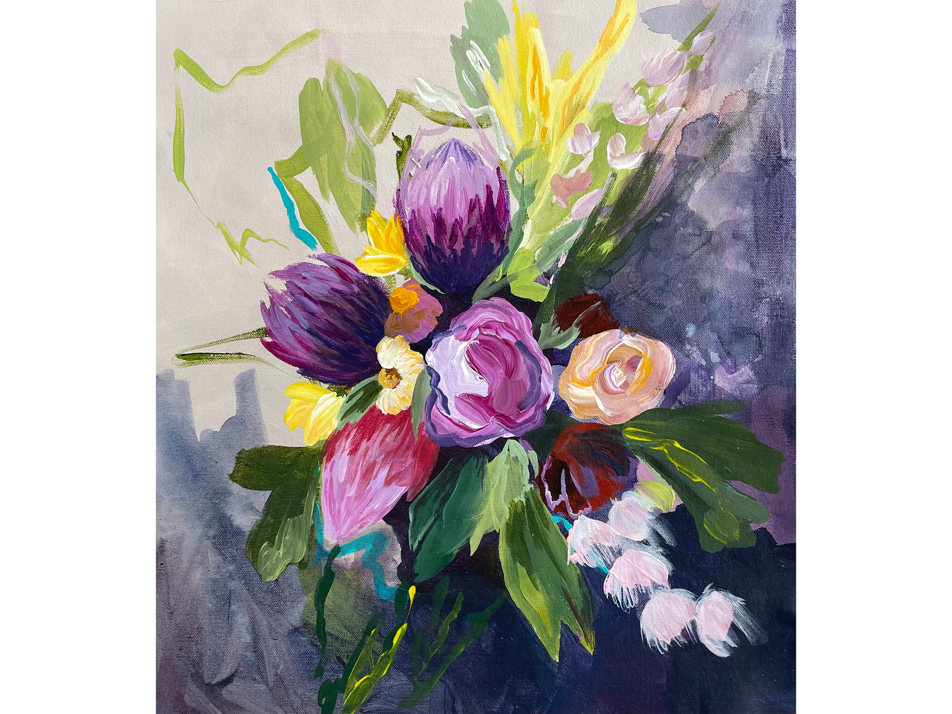 Original acrylic floral painting 'Fynbos in a soft hush' by Kristi Marie, 48 cm x 39 cm. Vibrant purple and pink proteas against a dark violet backdrop.
