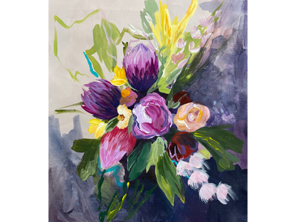 Original acrylic floral painting 'Fynbos in a soft hush' by Kristi Marie, 48 cm x 39 cm. Vibrant purple and pink proteas against a dark violet backdrop.