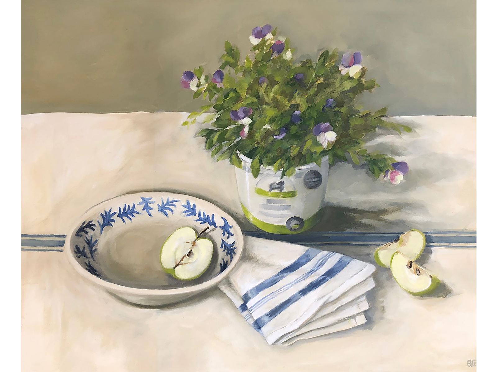 Oil painting of a potted purple and white viola plant, sliced green apples, a blue-patterned bowl, and a striped cloth on a light cream tablecloth.