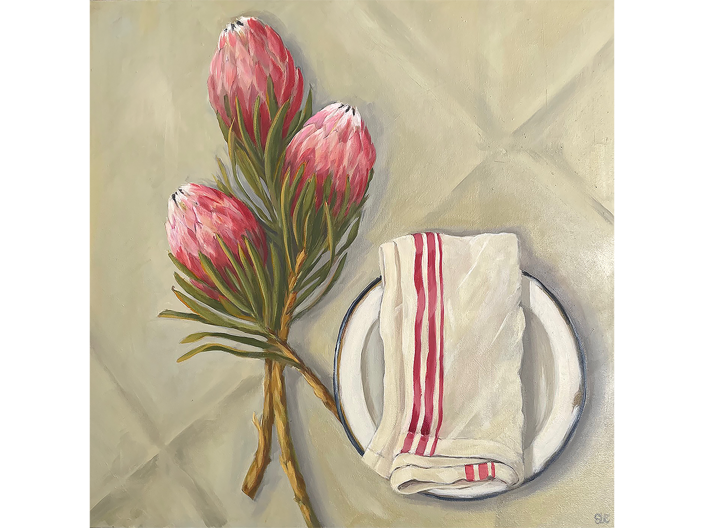 Still life oil painting viewed from above showing three pink protea flowers, a white enamel plate with a blue rim, and a red-striped napkin on a cream table.
