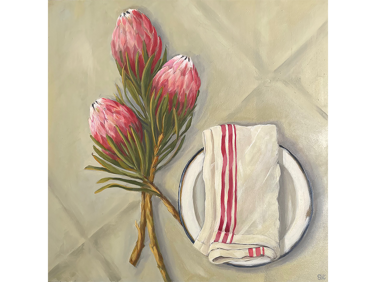 Still life oil painting viewed from above showing three pink protea flowers, a white enamel plate with a blue rim, and a red-striped napkin on a cream table.