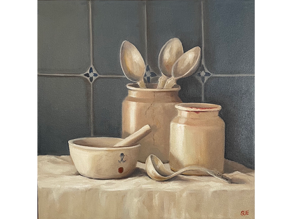 Square oil painting of rustic pottery jars, wooden spoons, a ceramic bowl, and a wooden ladle arranged on a cream cloth against a blue tiled backdrop.